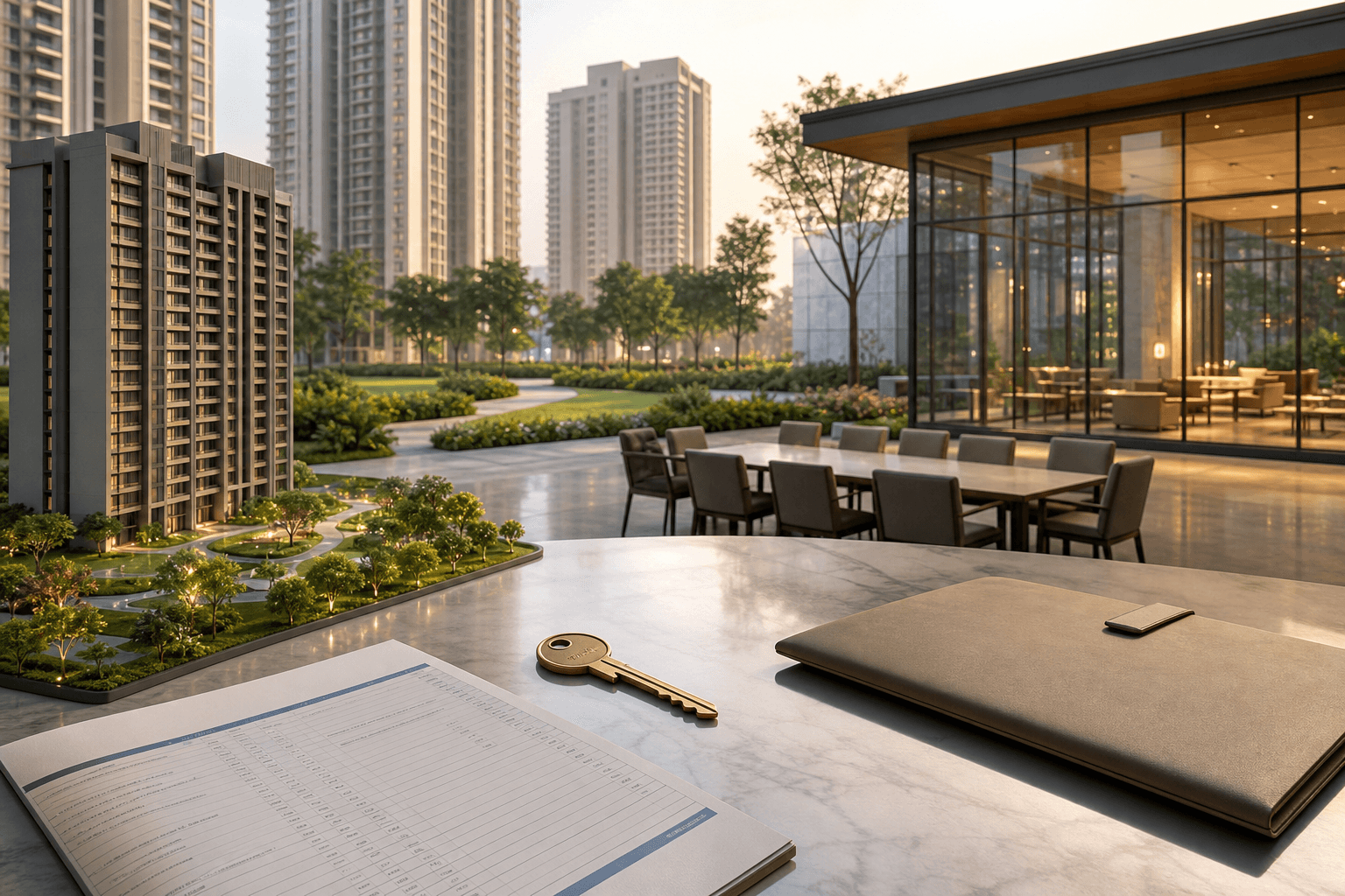 Architectural model, handover folder and key overlooking a modern NCR residential community